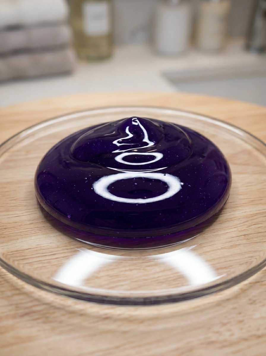 Close-up of a dollop of translucent violet skincare gel with sparkles on a clear round tray.