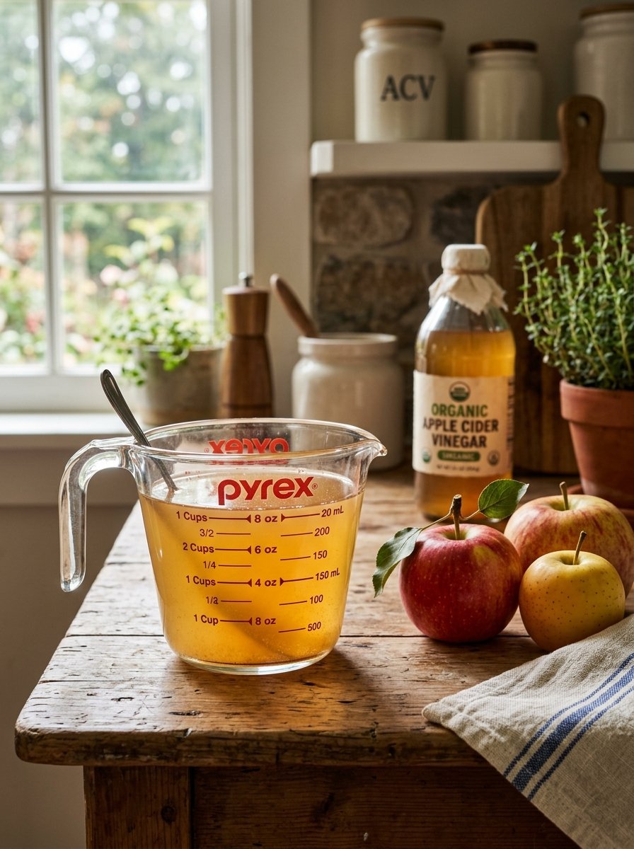 A clear measuring cup with apple cider vinegar sits on a rustic wooden kitchen counter next to fresh apples.
