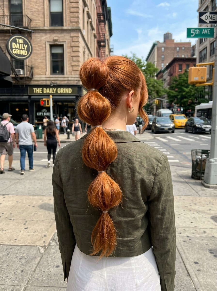 Close up view of a woman with long red hair styled in a high bubble ponytail walking through New York City.
