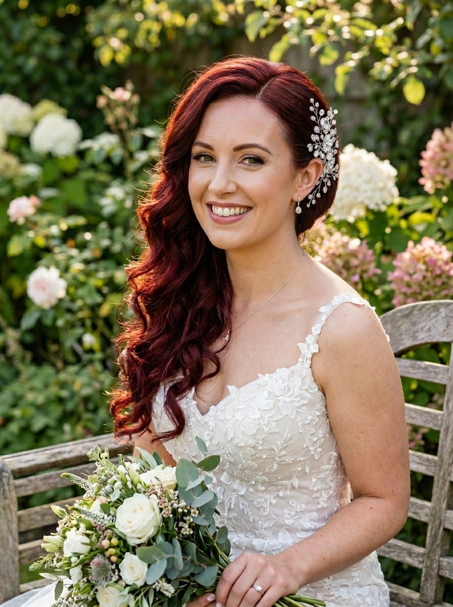Portrait of a red-headed bride in a lace wedding dress holding a bouquet in a garden