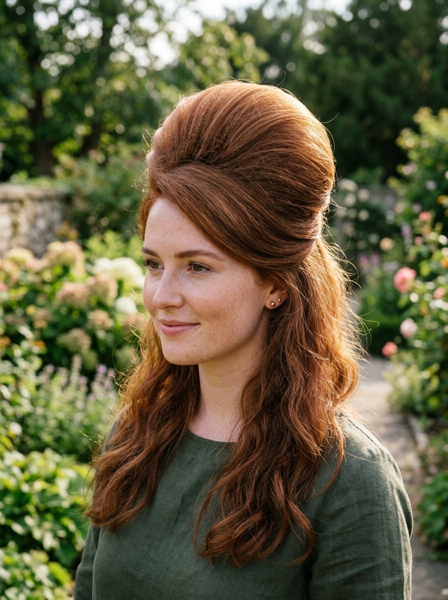 Profile view of a freckled woman with long auburn hair styled in a large vintage updo.