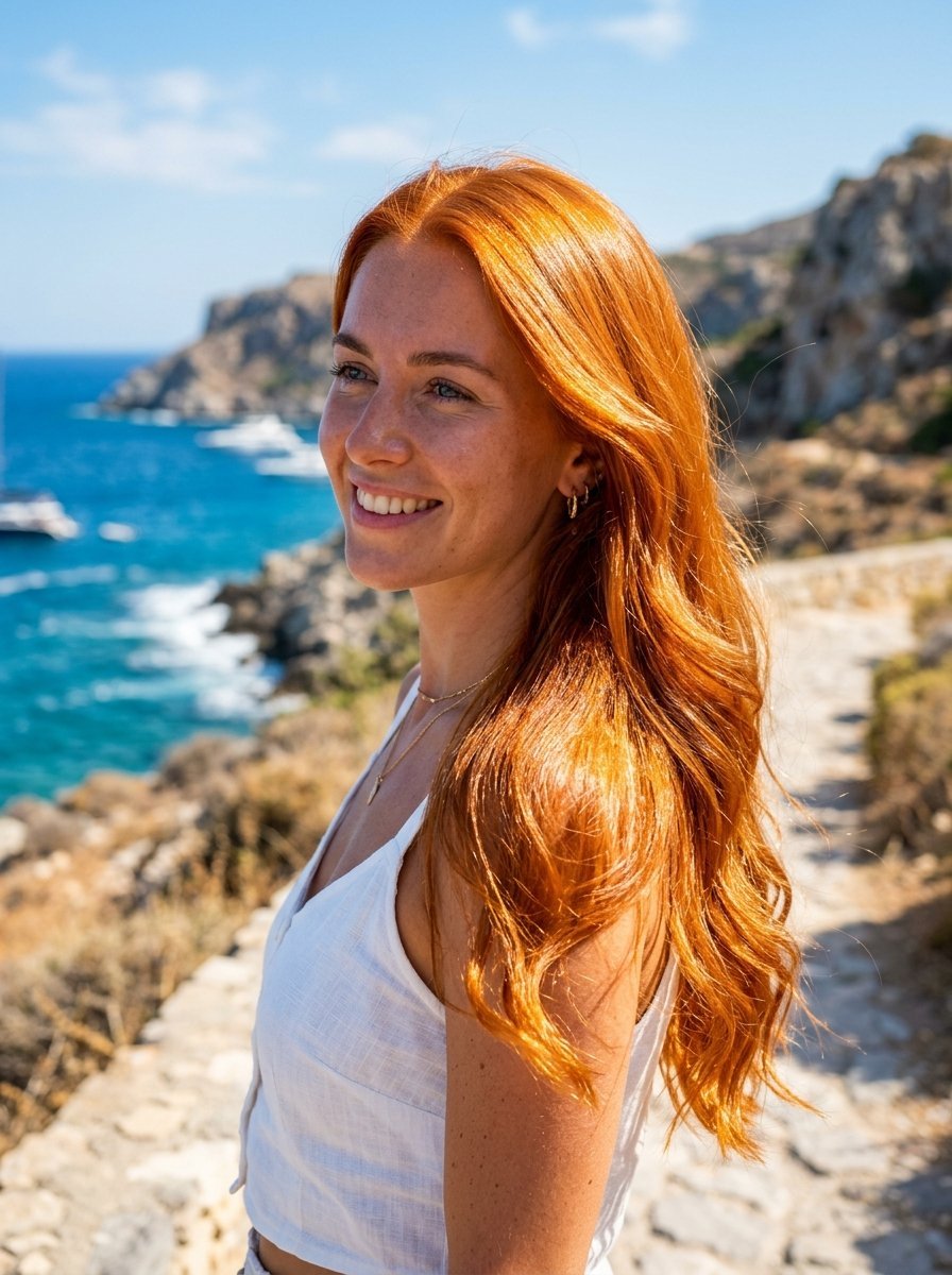 Portrait of a smiling young woman with long wavy red hair wearing a white top on a rocky coastal cliffside path.