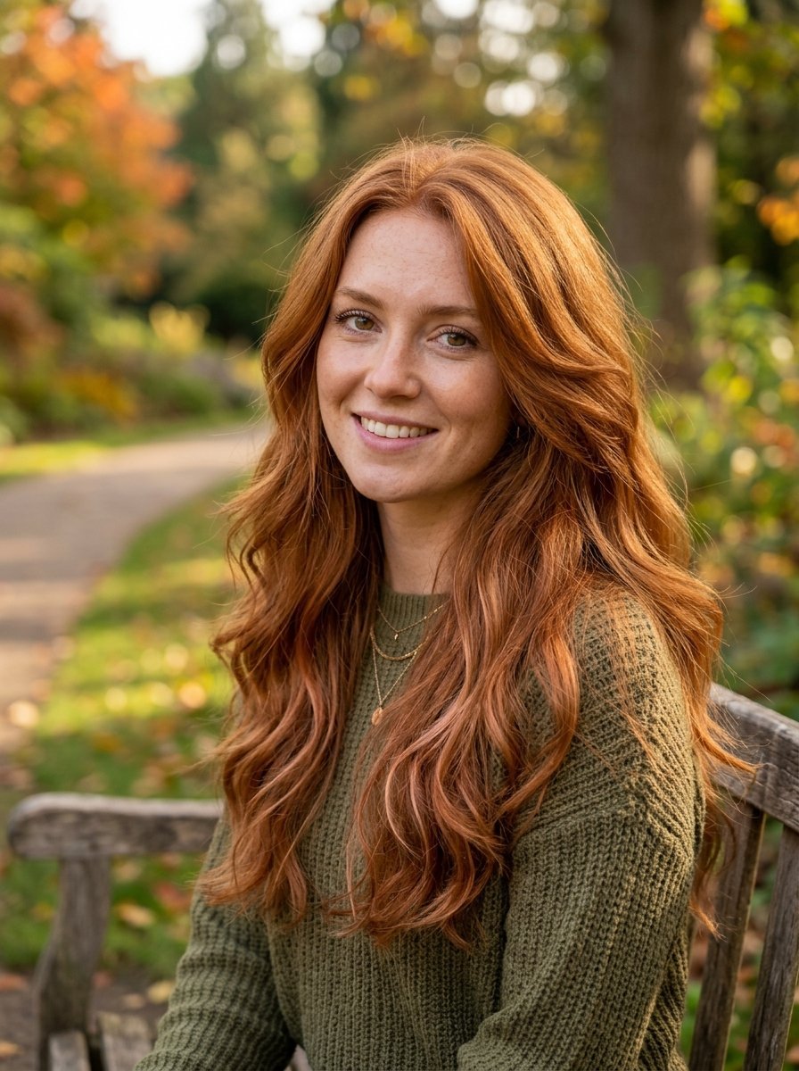 Portrait of a ginger-haired woman wearing an olive sweater sitting on a wooden bench in a fall park.