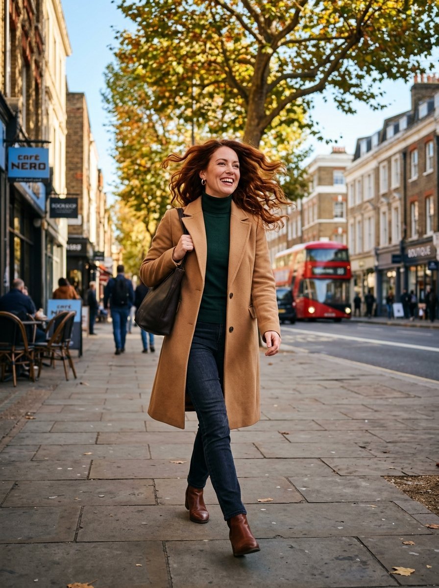 Smiling woman in tan coat walking on a sidewalk with a red bus in the background.