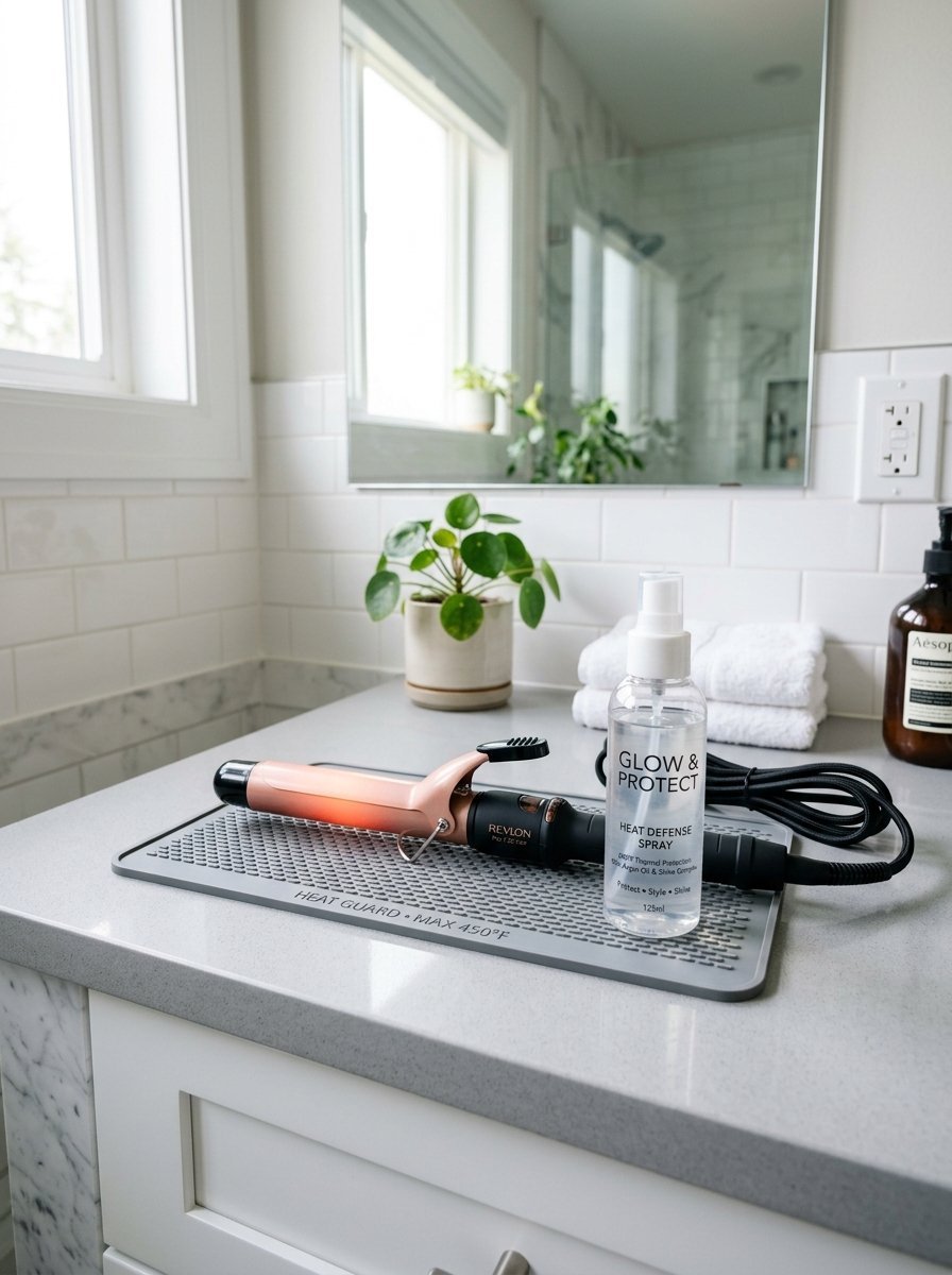 Heated rose gold curling wand and glow and protect spray bottle on a grey silicone mat on a bathroom vanity.