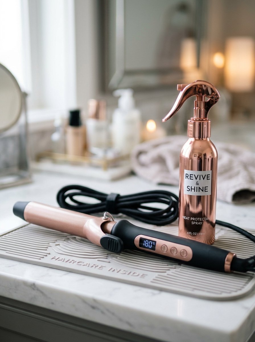 Curling iron set to 180 degrees Celsius resting on a grey silicone mat next to a shiny copper hair spray bottle.