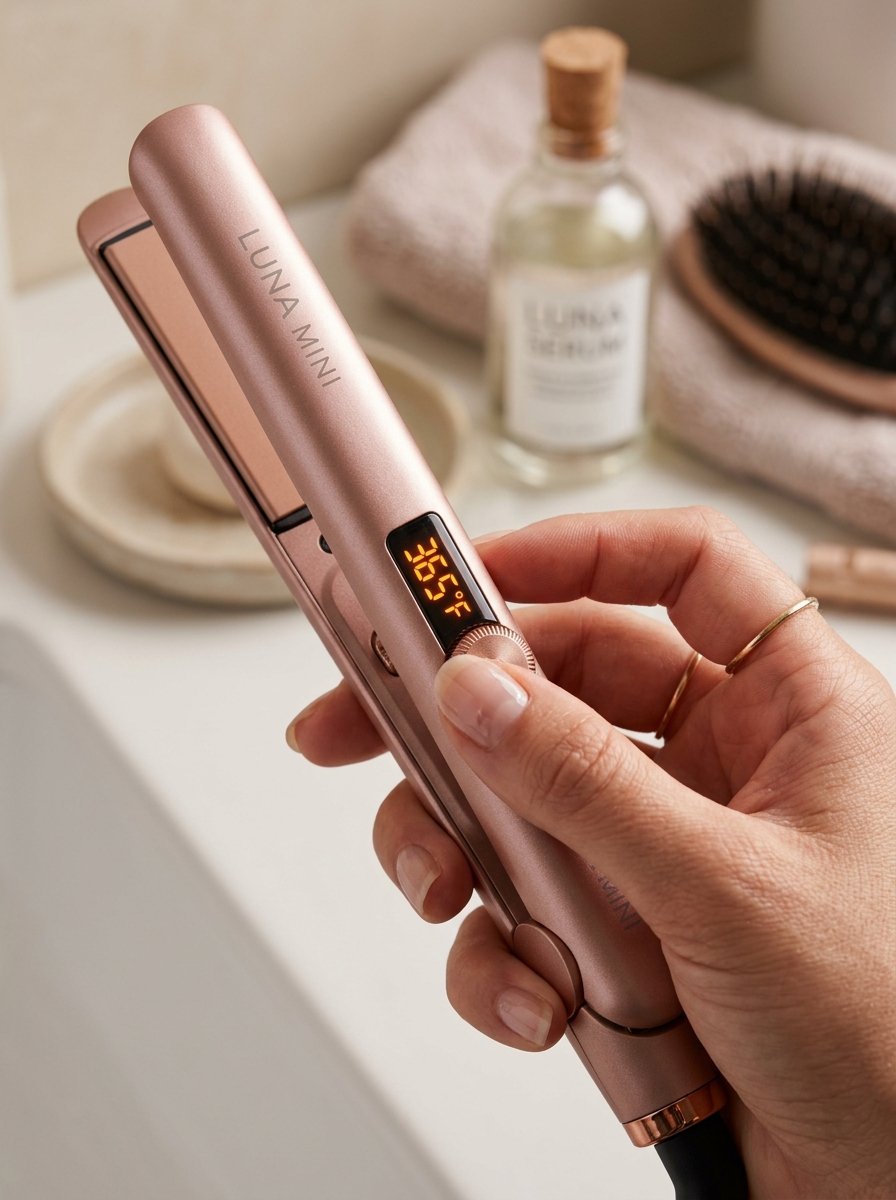 Close-up of a hand adjusting a Luna Mini flat iron showing a 365 degree digital temperature display.