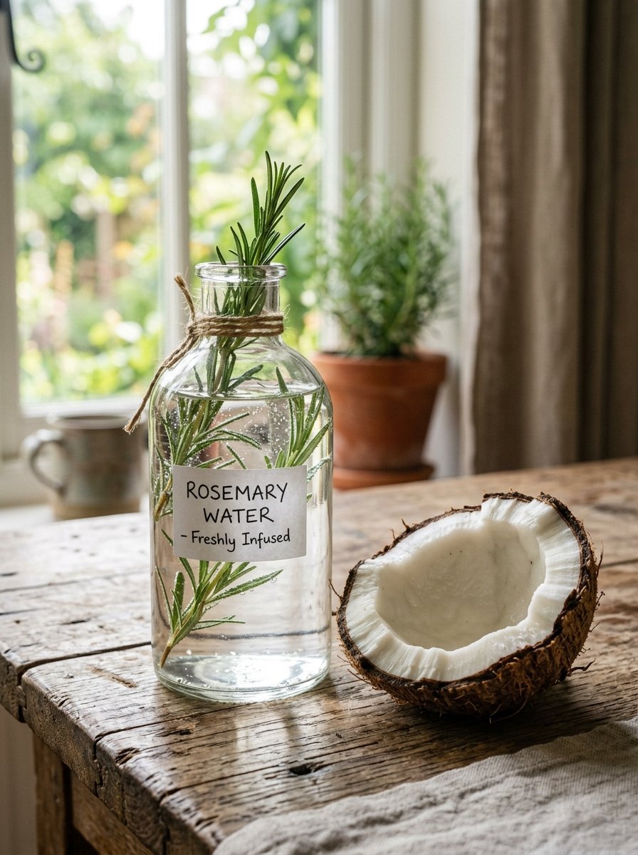 A sprig of rosemary in a labelled glass bottle with a split coconut resting on a rustic wooden tabletop.