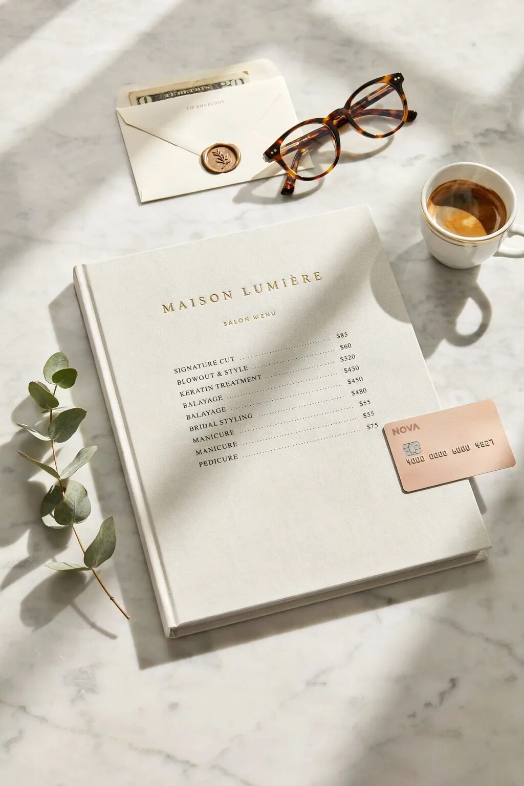 A salon service menu resting on a marble table next to a credit card, eyeglasses, and a cup of coffee.