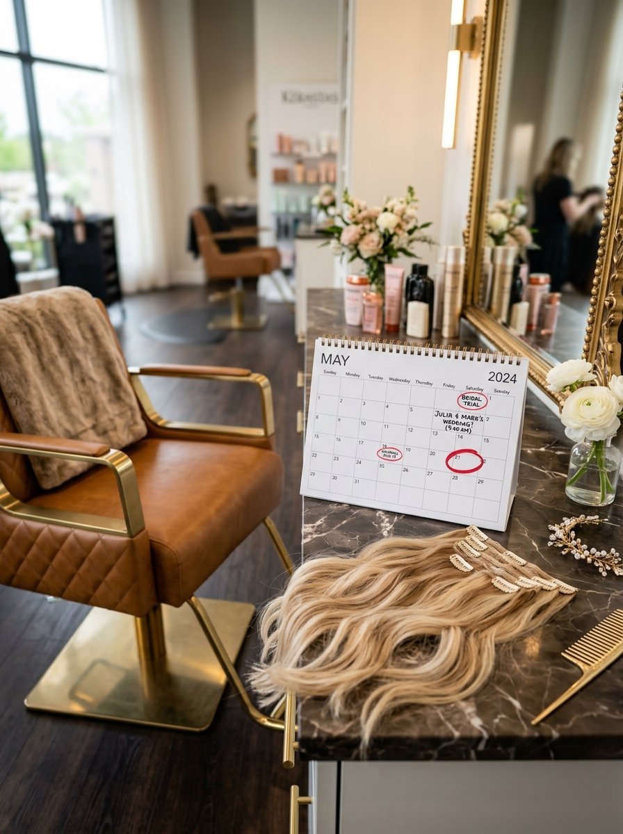 May 2024 desk calendar with marked bridal appointments sitting on a marble salon vanity next to hair extensions.