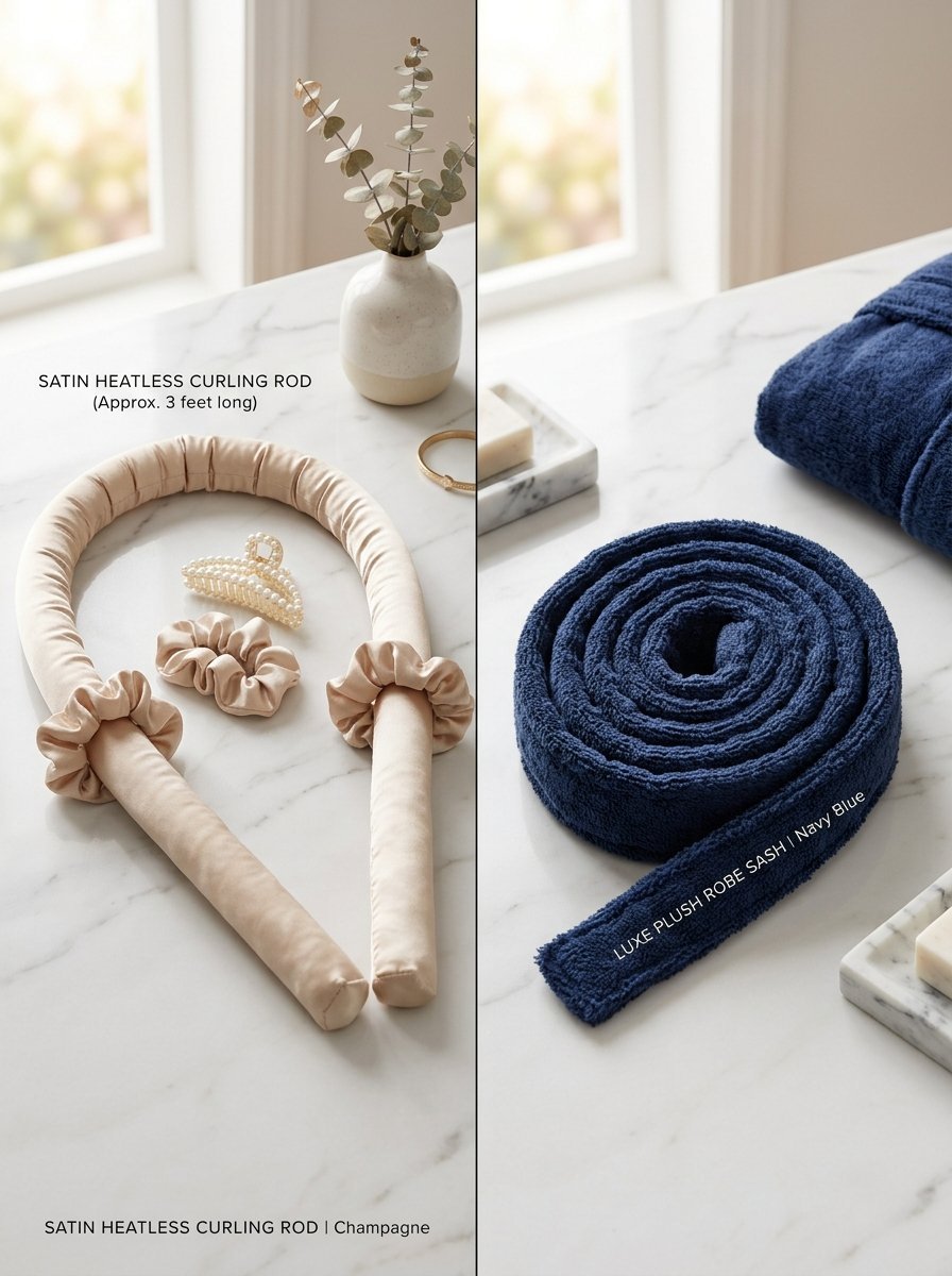 Comparison of a champagne colored heatless hair curler set and a rolled navy blue plush fabric robe tie.