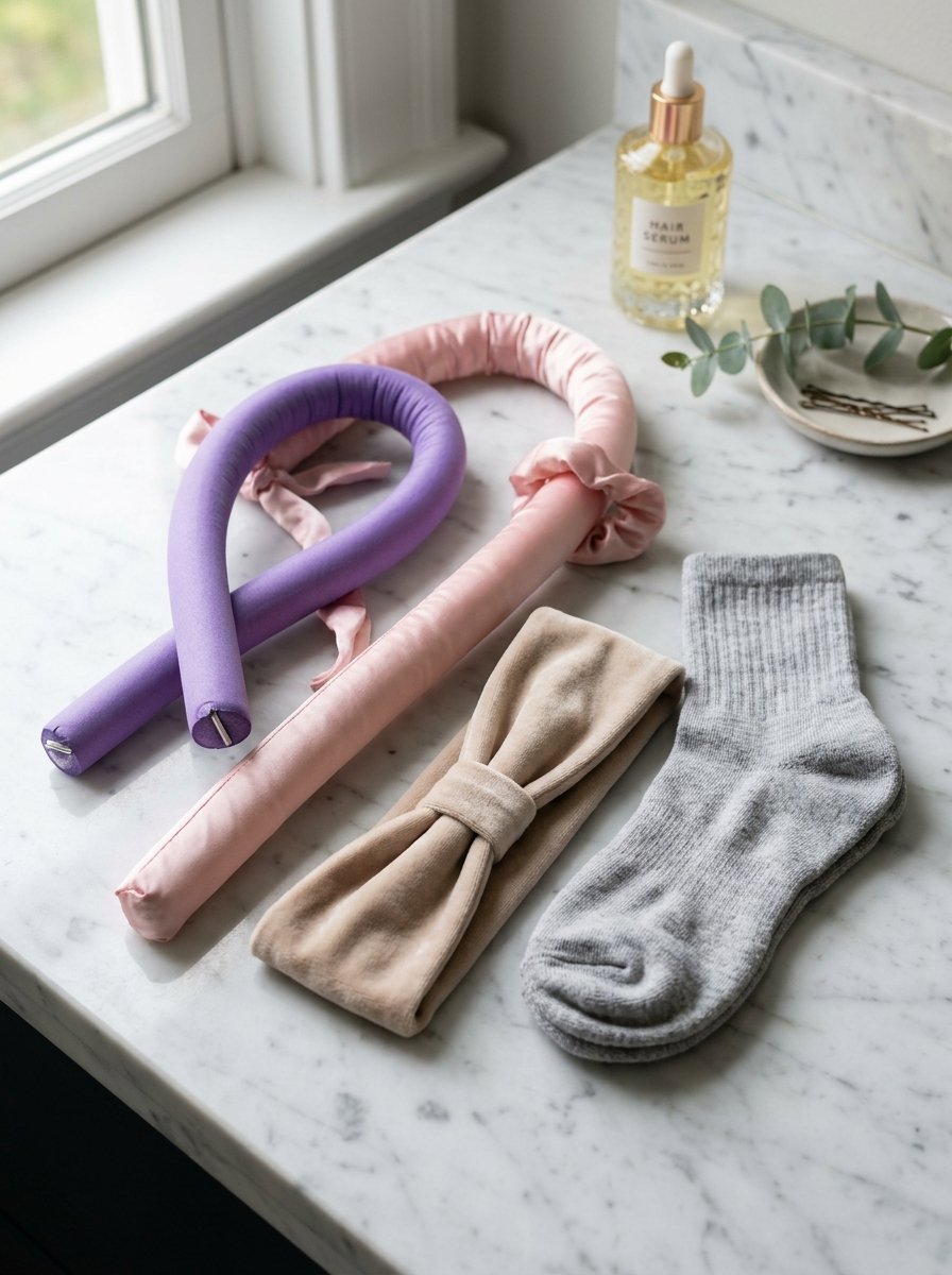 Purple and pink silk curling rods arranged next to a velvet bow headband and a grey cotton sock on a marble counter.