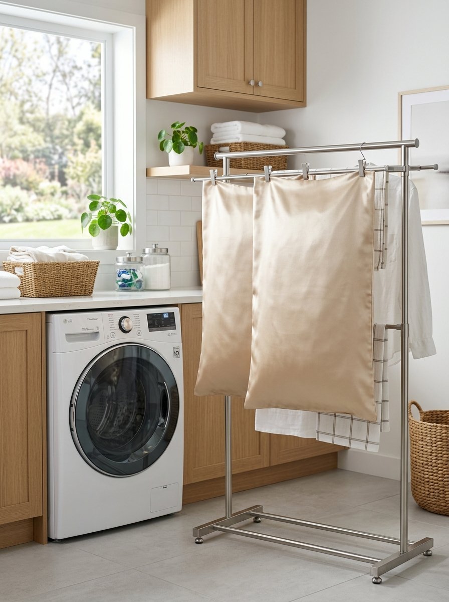 Satin pillowcases clipped to a metal clothes drying stand inside a bright laundry room.