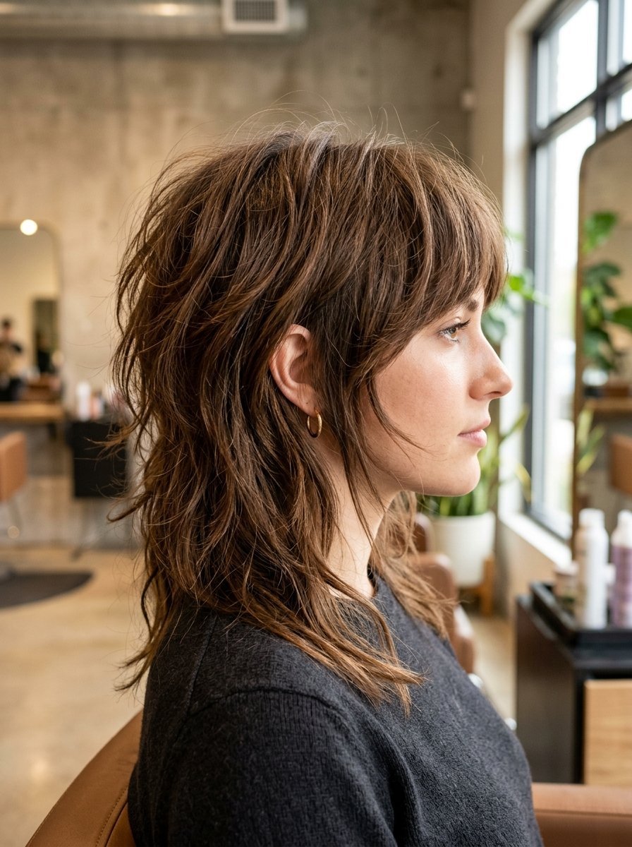 Profile view of a woman with a layered, shaggy brown hairstyle and gold hoop earrings.