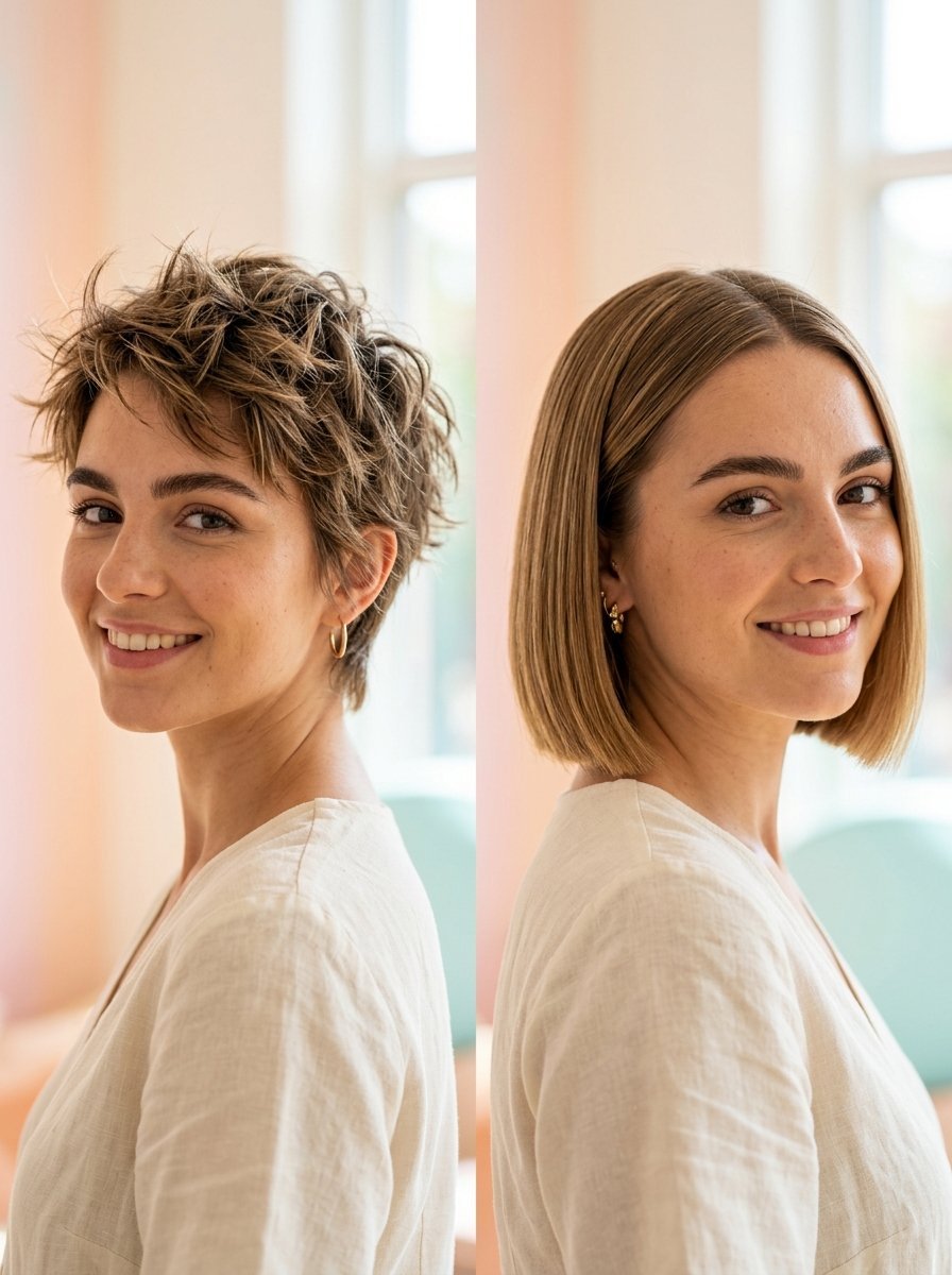 Portrait showing two versions of the same woman with messy short pixie cut vs smooth chin-length bob.