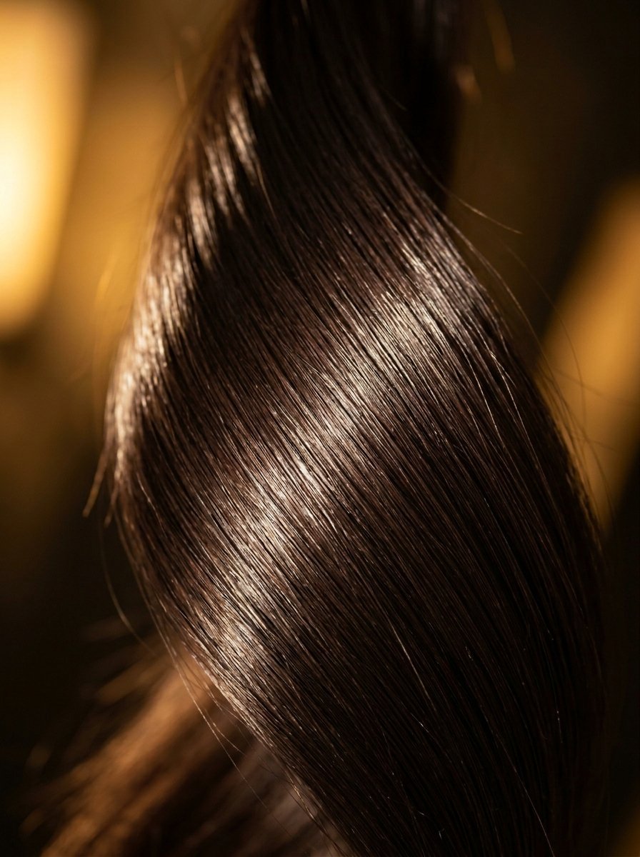 Detailed extreme close-up of a dark brown hair lock showing natural highlights and healthy texture.