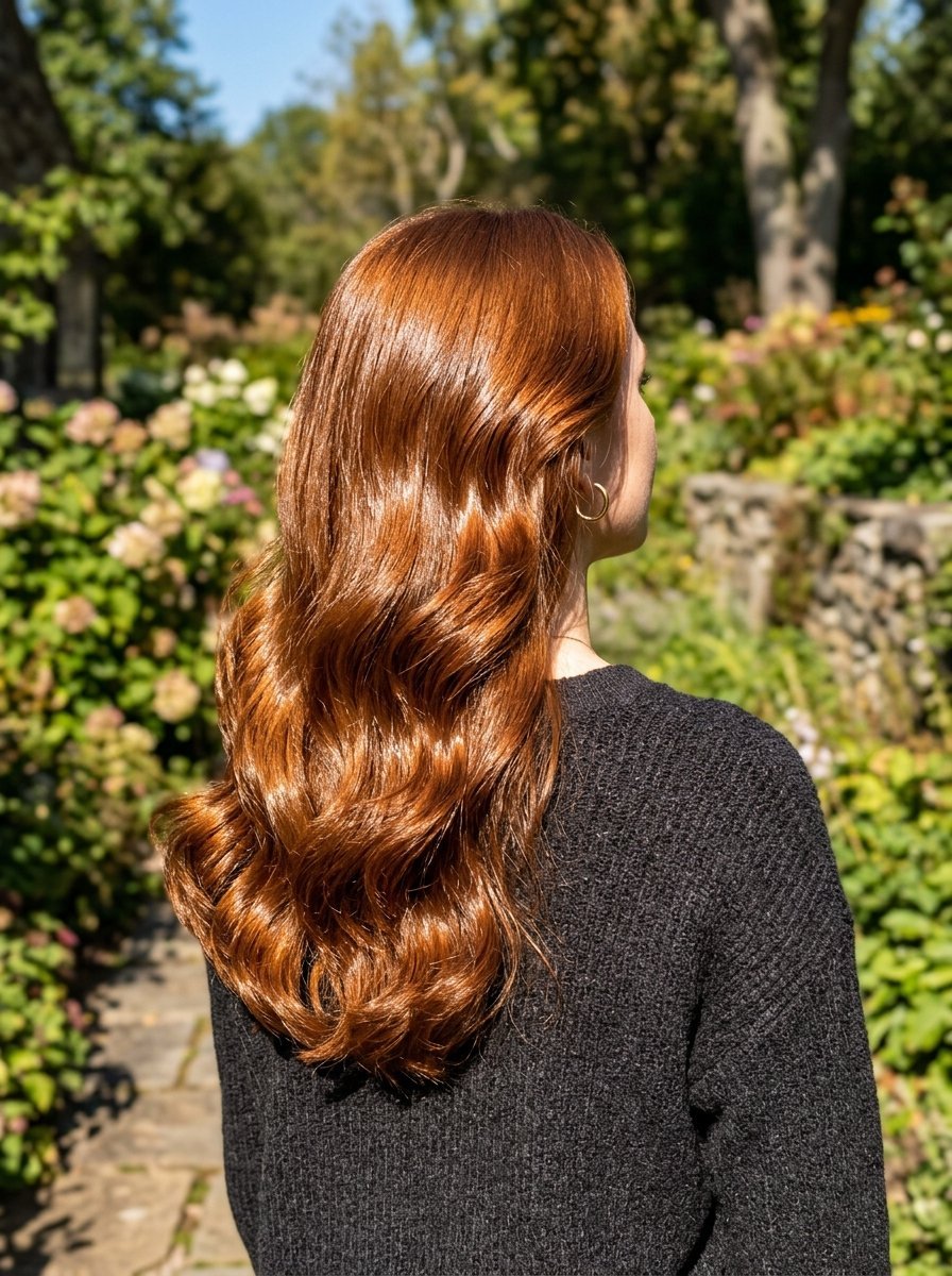 Close-up back view of a woman with long, glossy copper-toned wavy hair standing in a lush garden.