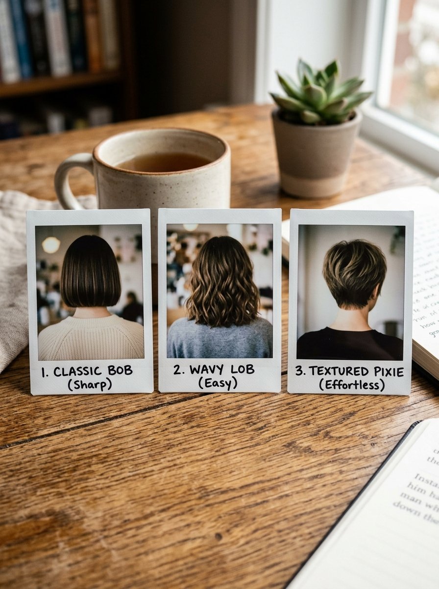 Three instant photos on a desk displaying a classic bob, a wavy lob, and a textured pixie hairstyle from behind.
