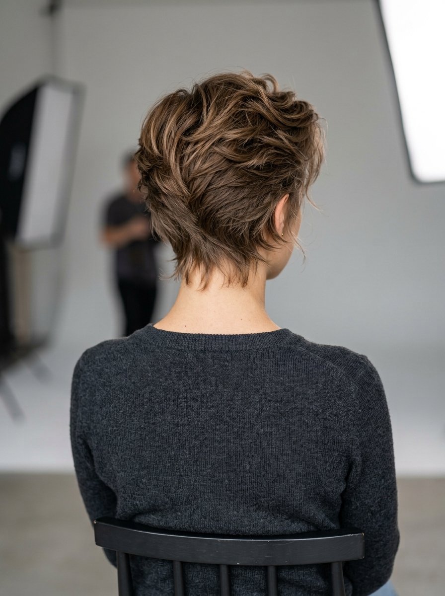 Back view of a person with short layered brown hair sitting on a black chair in a photography studio.