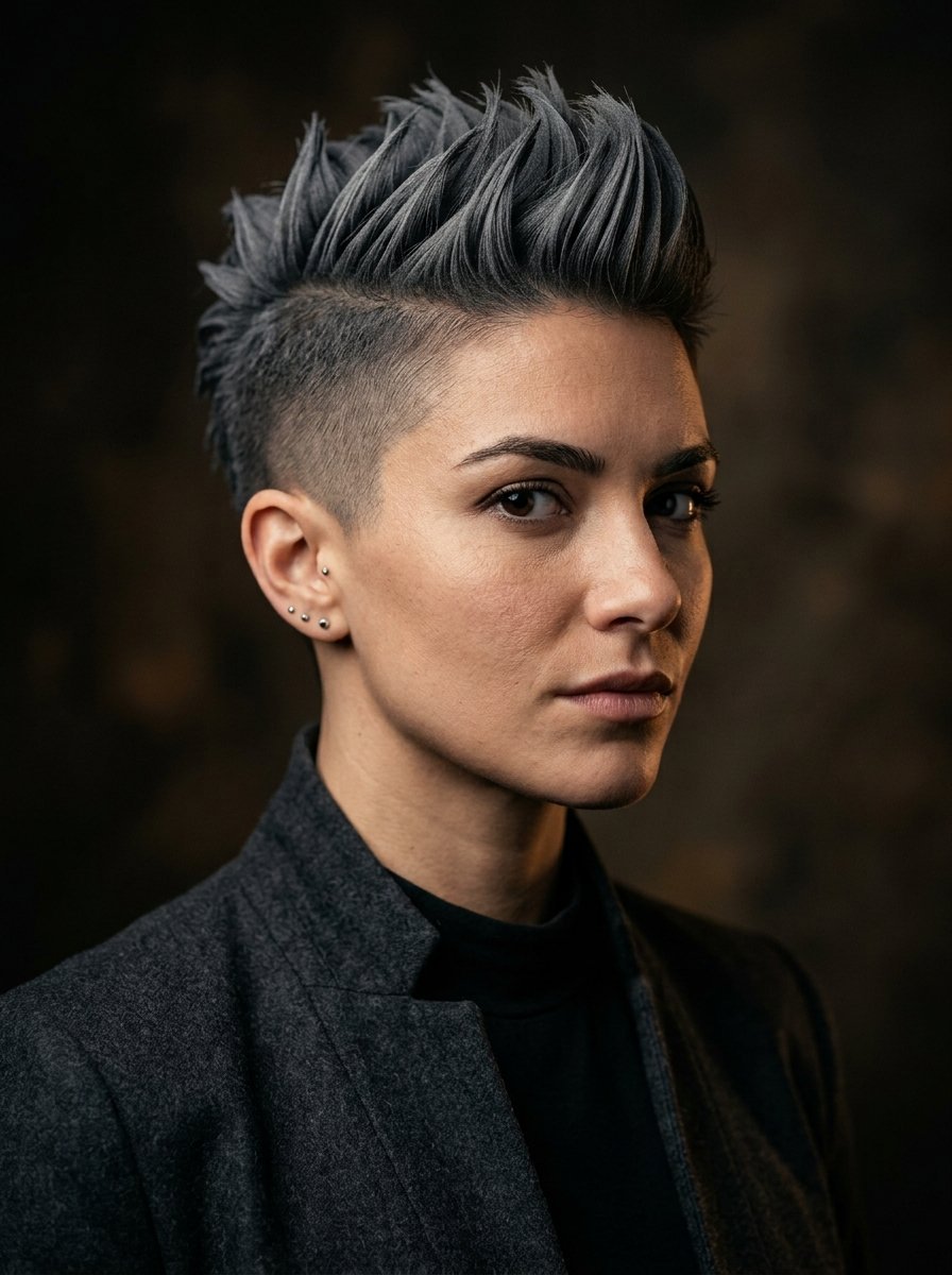 Portrait of a woman with dark grey spiky hair and an undercut against a dark background.