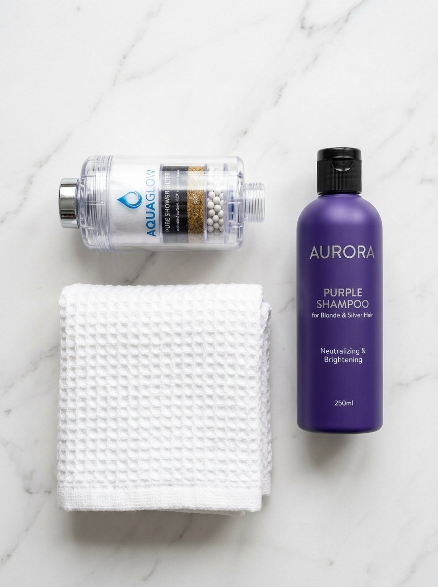 A clear water filter, a purple bottle of Aurora shampoo, and a white waffle-knit towel on marble surface.