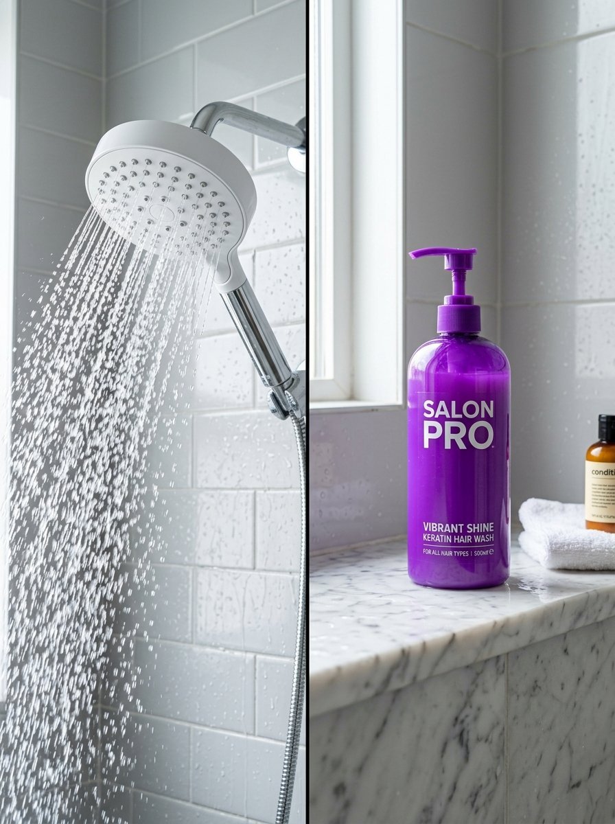 A white shower head spraying water beside a purple Salon Pro keratin hair wash bottle on a marble ledge.
