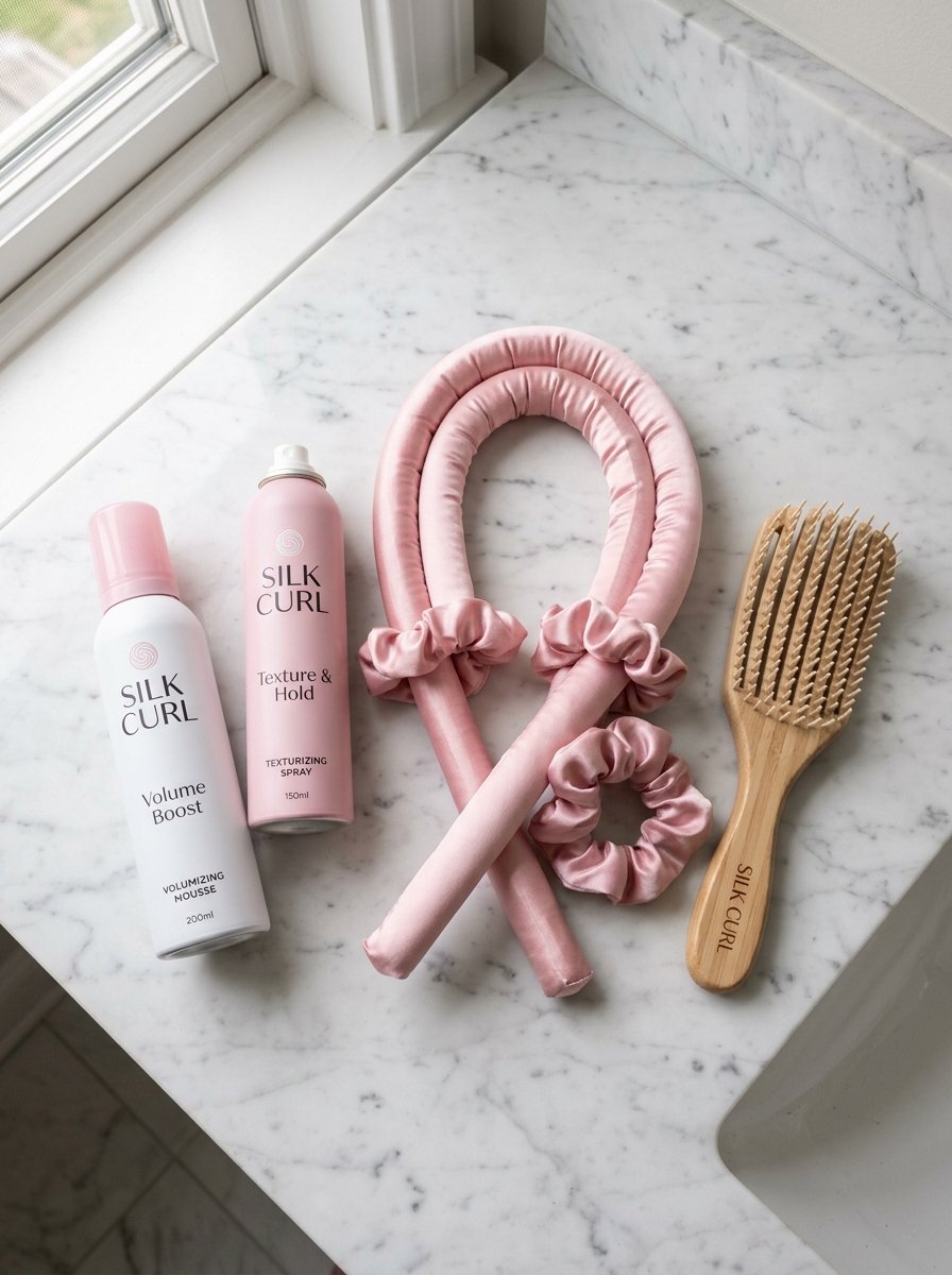 A heatless silk hair curling rod, matching scrunchies, two styling sprays, and a wooden brush on a marble counter.