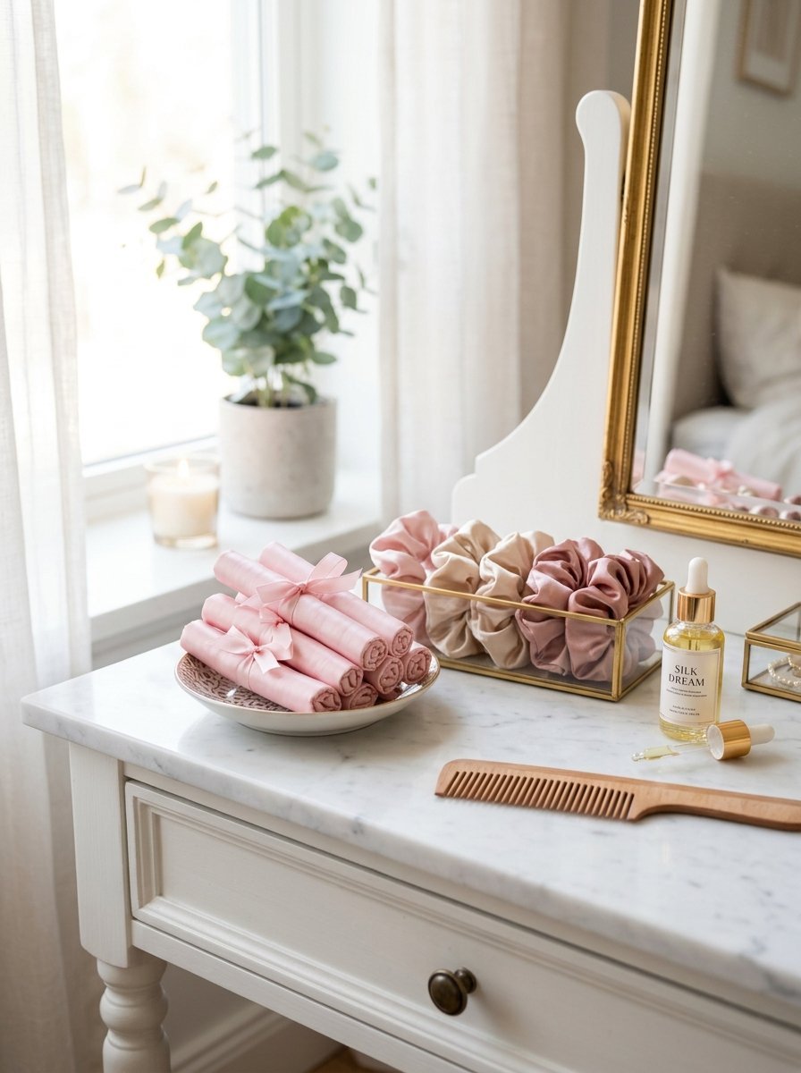 Pink silk hair rollers and scrunchies arranged on a marble vanity table with a wooden comb and face oil.