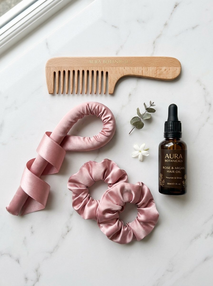 A wooden comb, pink satin scrunchies, a heatless curler, and hair oil on a marble surface.