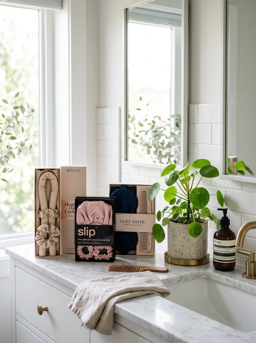 Boxes of silk heatless curlers, bonnets, and sleep masks arranged near a potted plant on a bathroom vanity.
