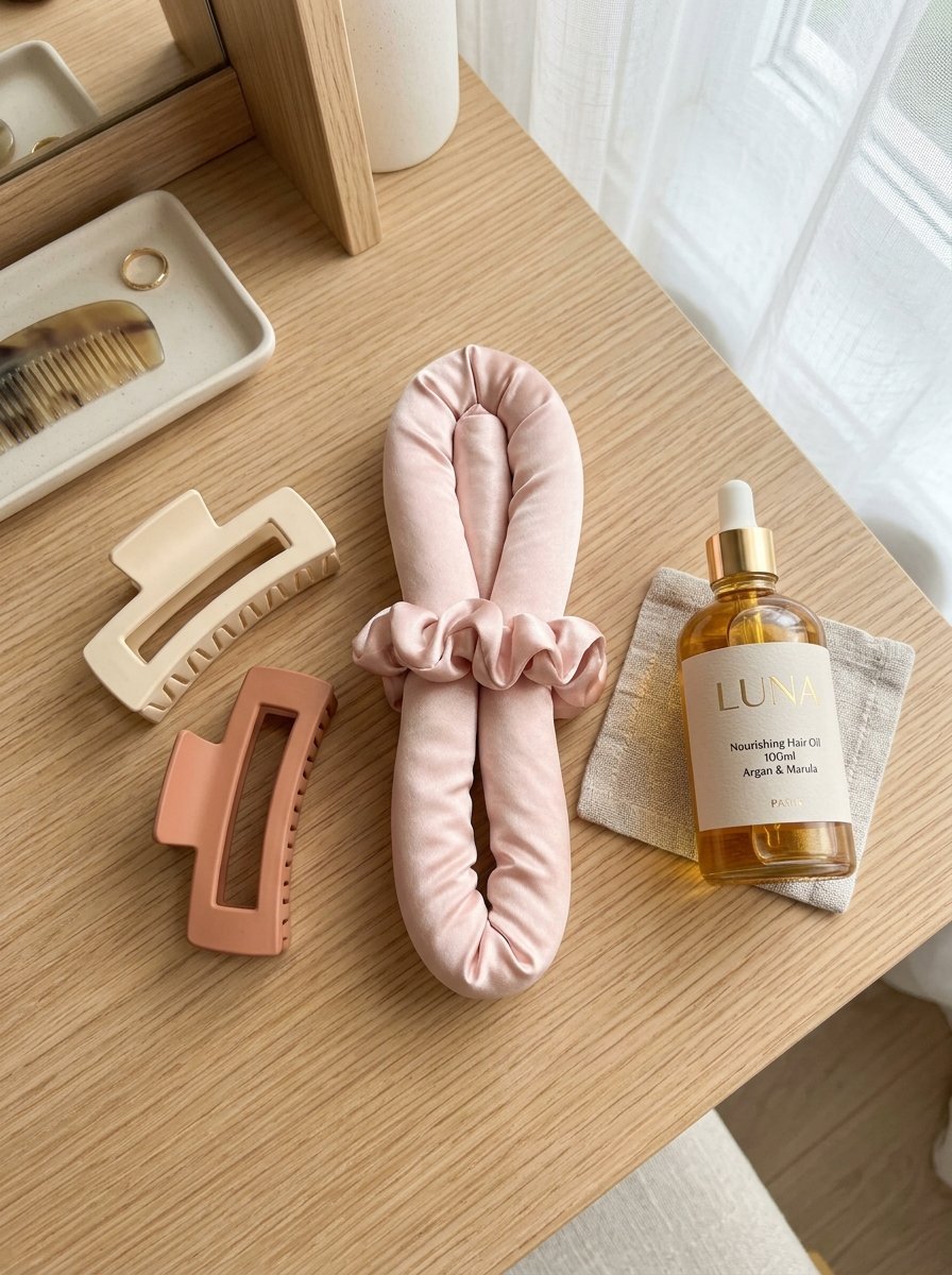 A heatless satin curling band surrounded by hair clips and a bottle of Luna nourishing argan and marula hair oil.