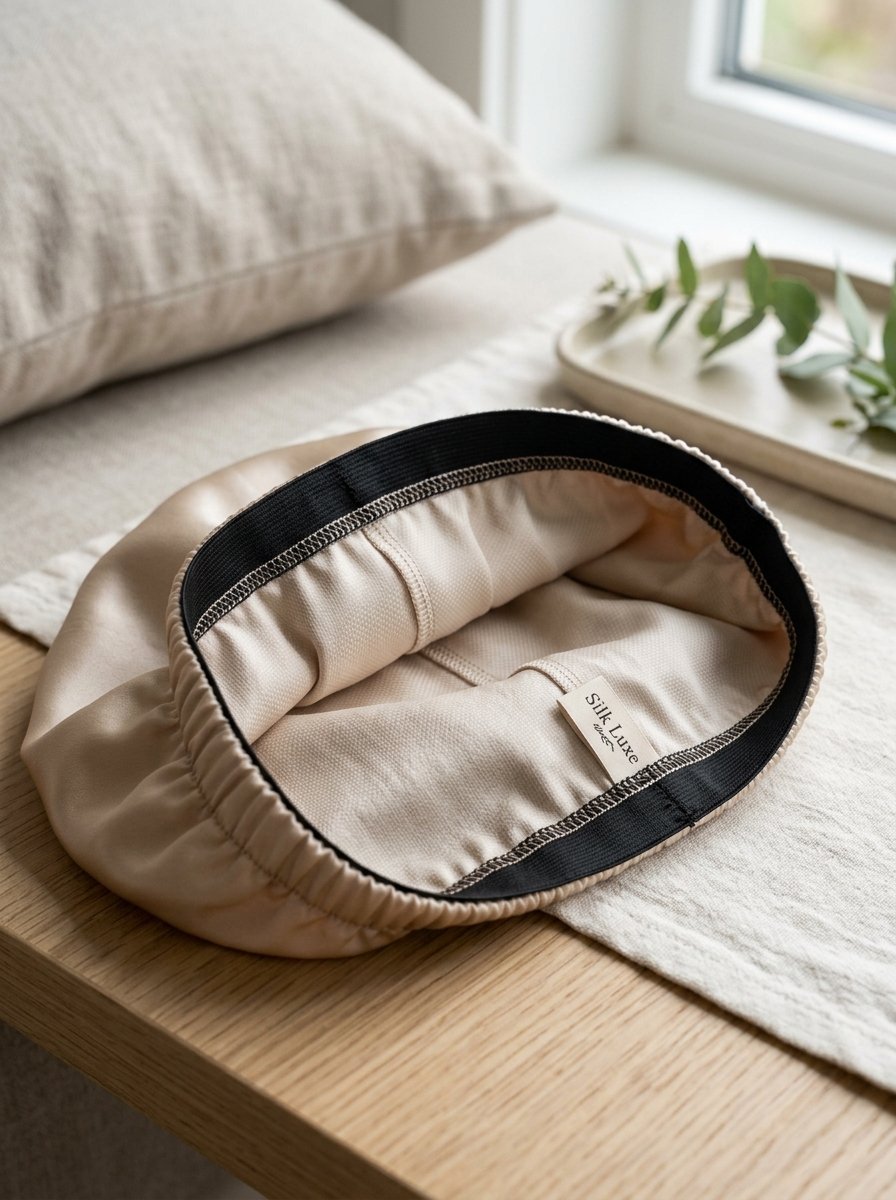 Close-up of a satin sleep cap lining featuring a Silk Luxe brand tag resting on a wooden surface.