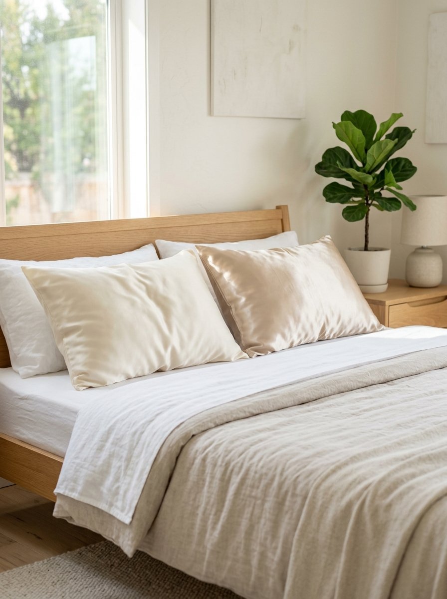 Shiny champagne silk pillows on a white and beige layered bed with a potted fiddle leaf fig plant in the background.