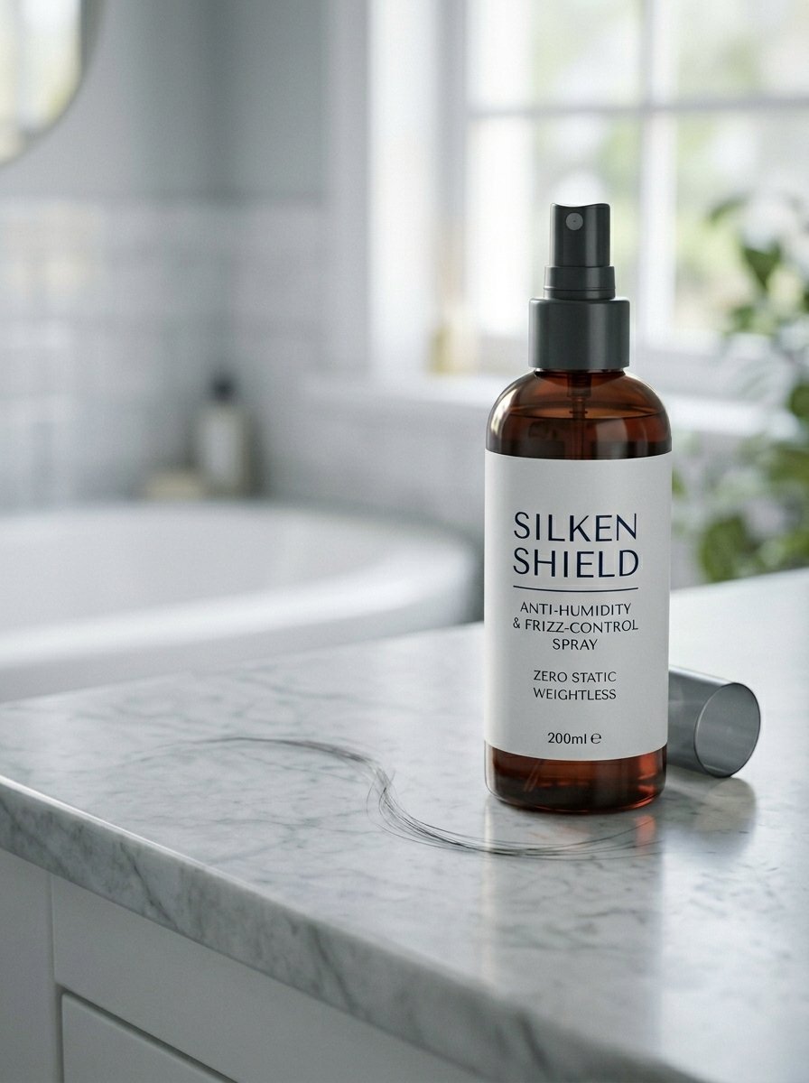 A brown spray bottle labeled Silken Shield sits on a marble countertop with a stray hair in front.