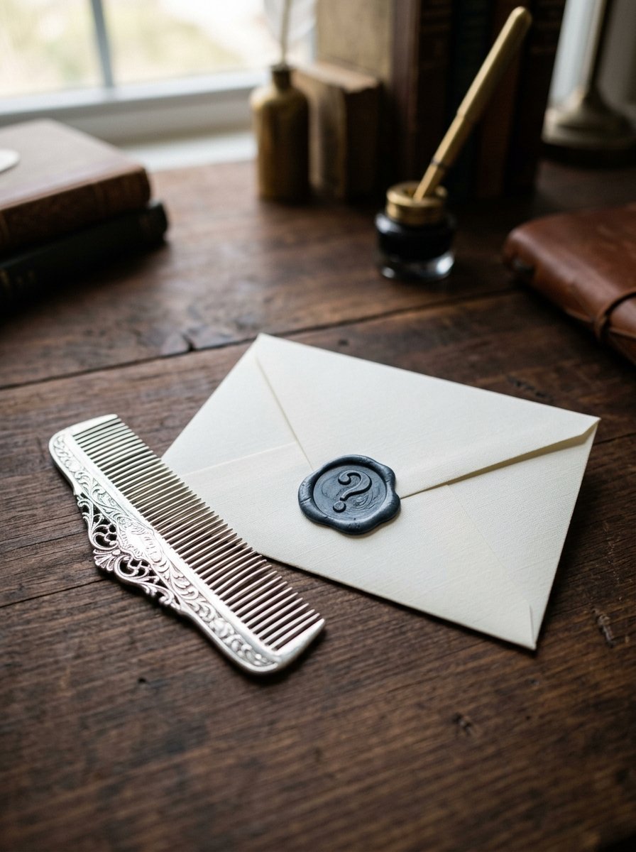 A decorative silver hair comb rests on a wooden desk next to a cream envelope sealed with a question mark wax stamp.