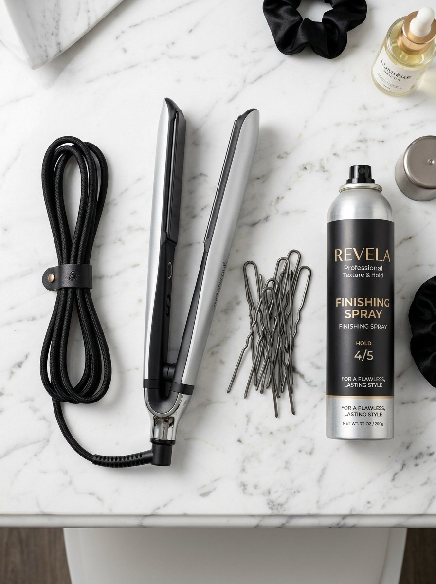 A silver flat iron, hairspray, hairpins, and oil on a white marble countertop.