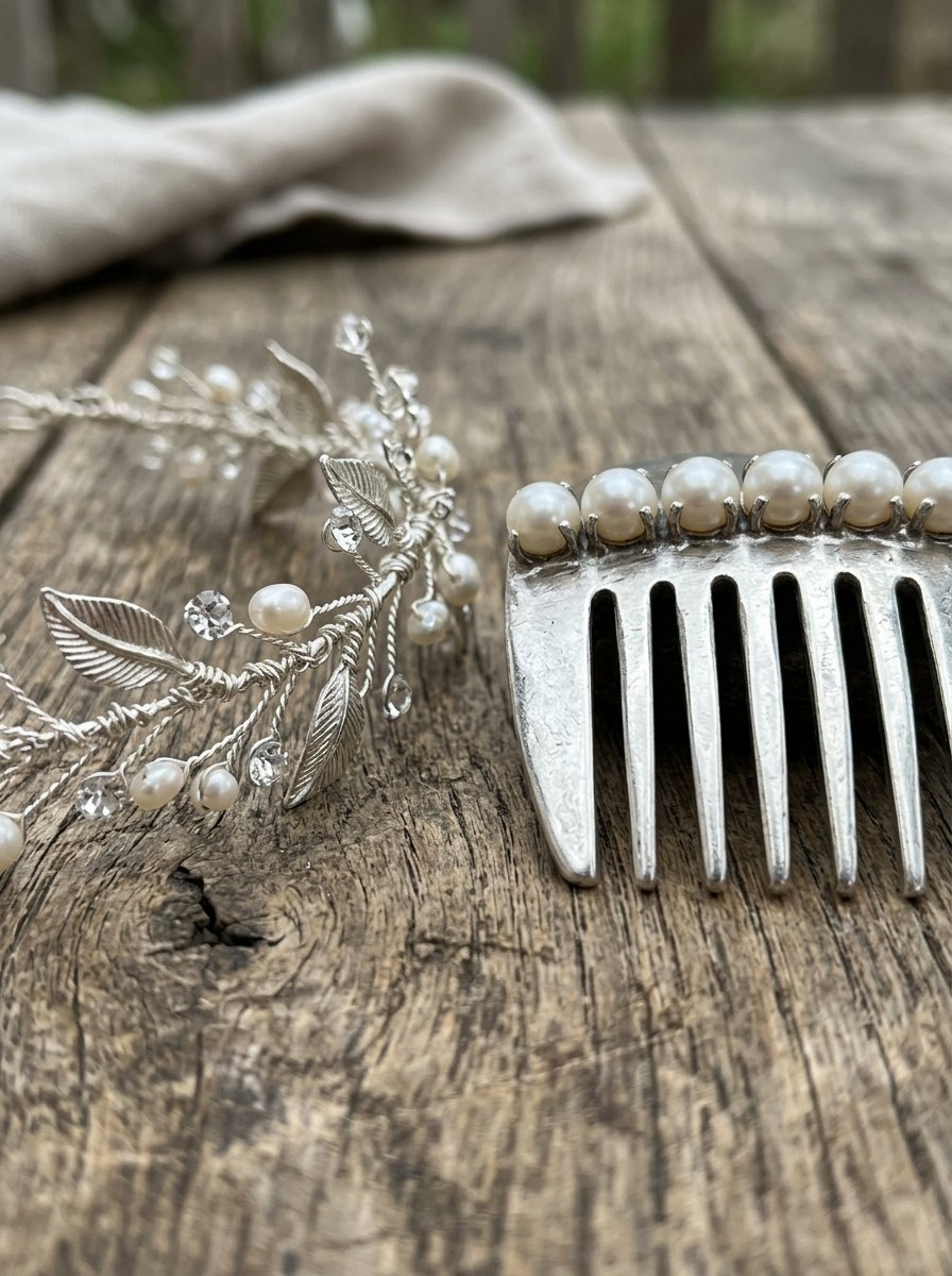 A delicate silver leaf hair vine with pearls next to a pearl-encrusted metal hair comb on a rustic wooden table.