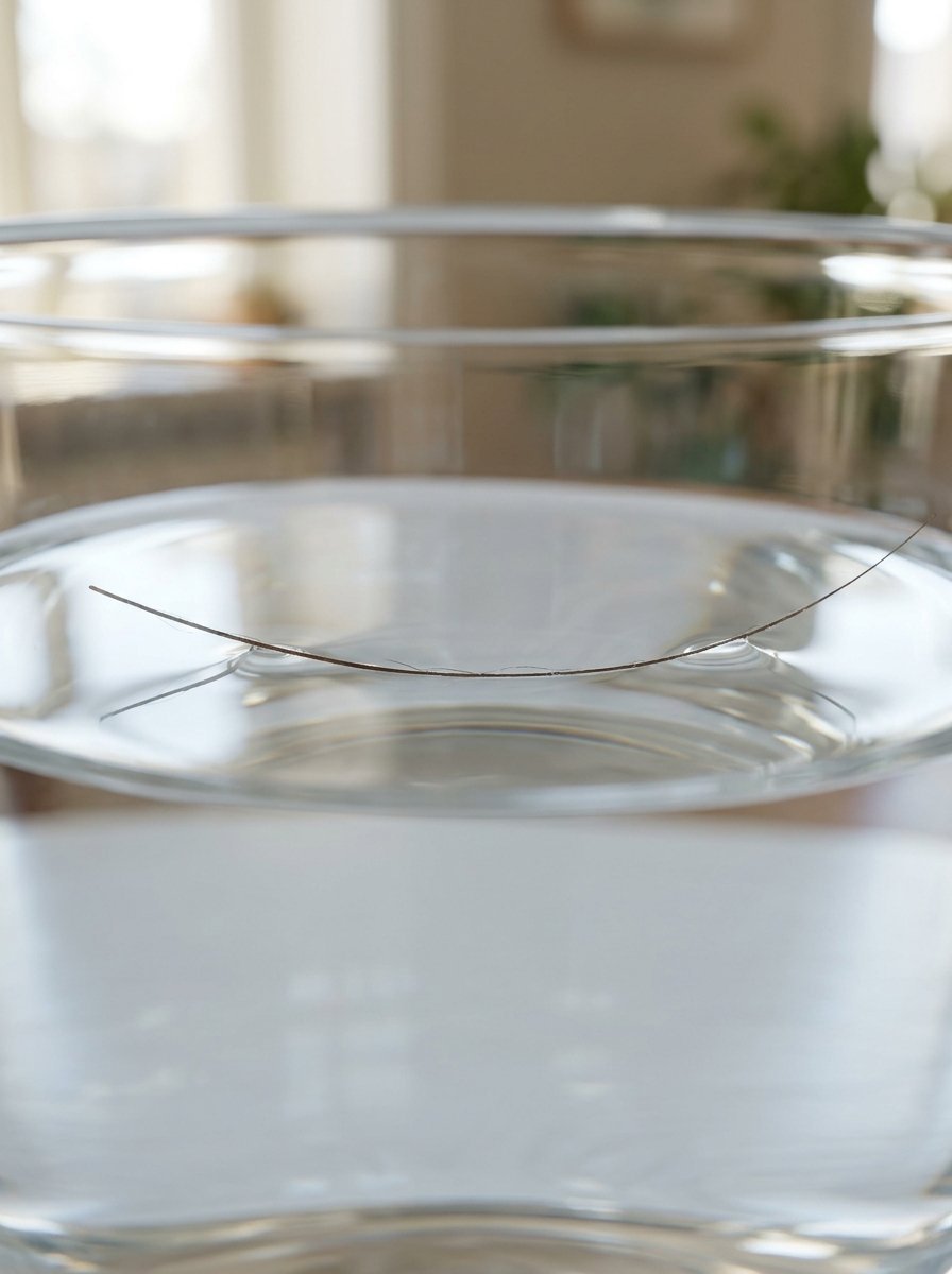 Close up of a single strand of hair resting on top of clear liquid in a glass bowl.