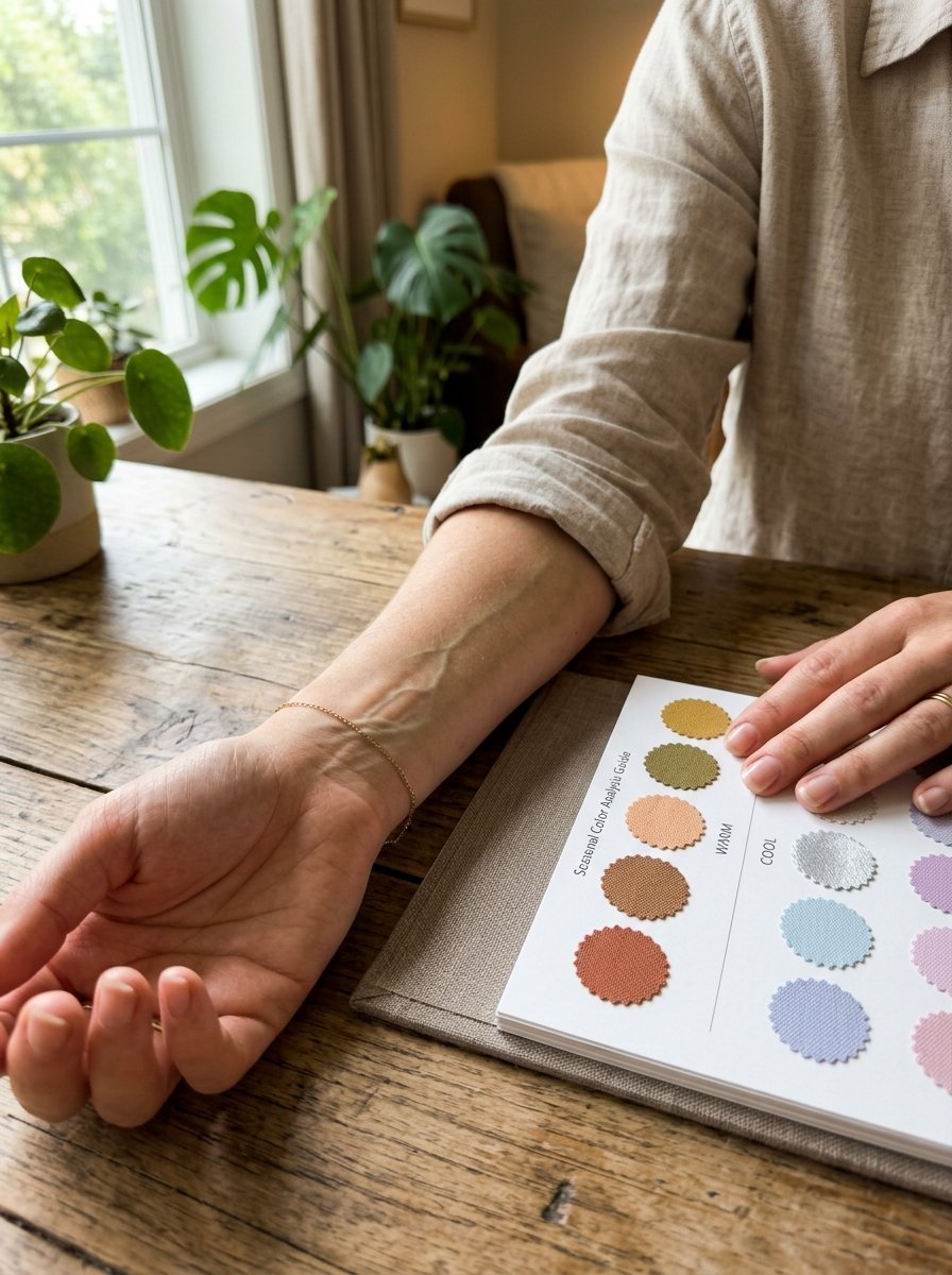 Person comparing their wrist vein color against a professional seasonal color analysis fabric swatch guide.