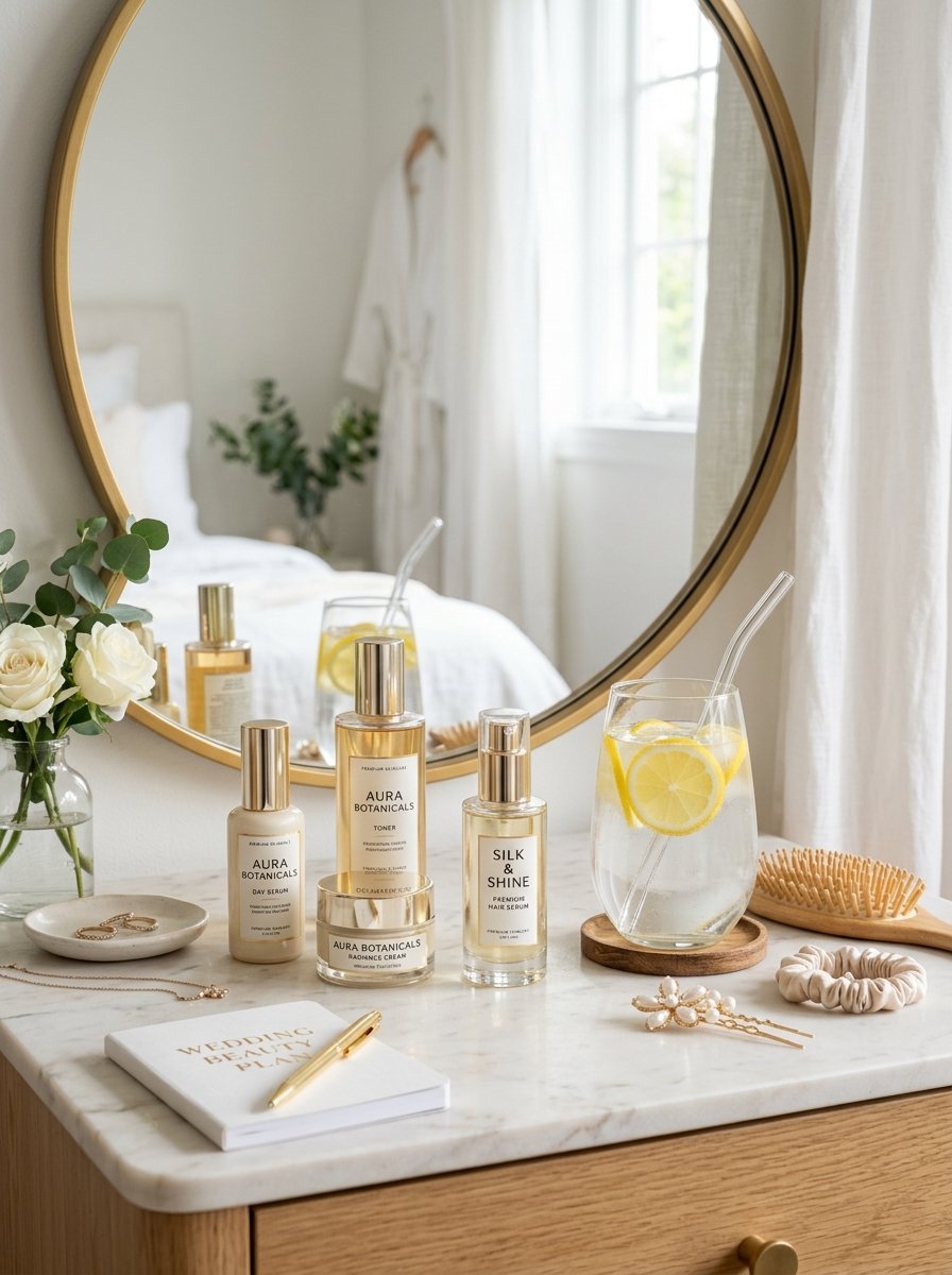 Beauty products, a lemon water glass, and a wedding beauty plan notebook sit on a marble-topped wooden table.