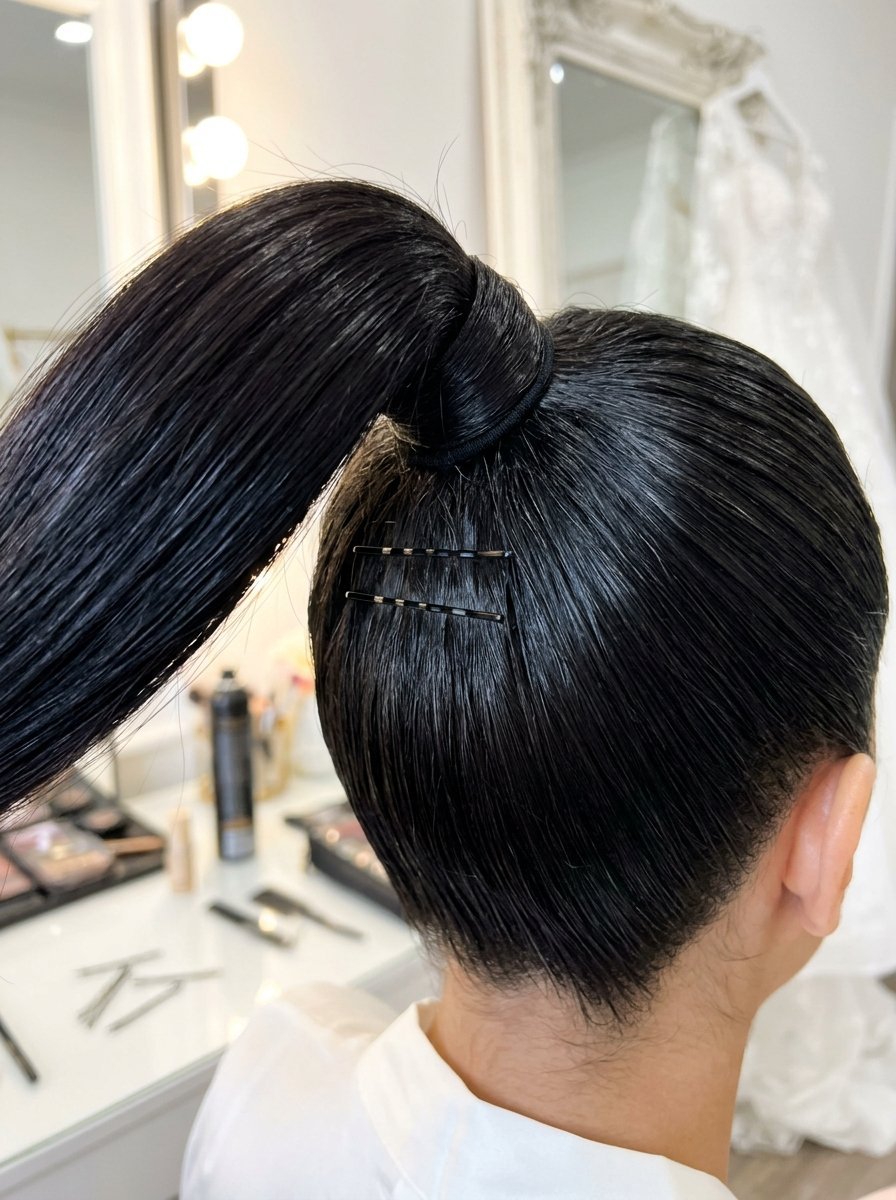 Back view of smooth dark hair pulled into a high ponytail held with bobby pins and a hair tie.