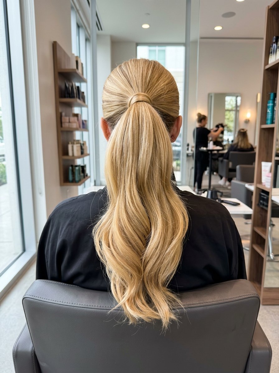 Back view of a person with long blonde hair styled in a smooth, polished ponytail at a hair salon.
