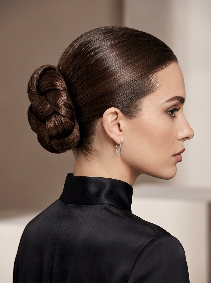 Close up profile of a woman wearing a polished braided hair bun and modern triangle earrings.