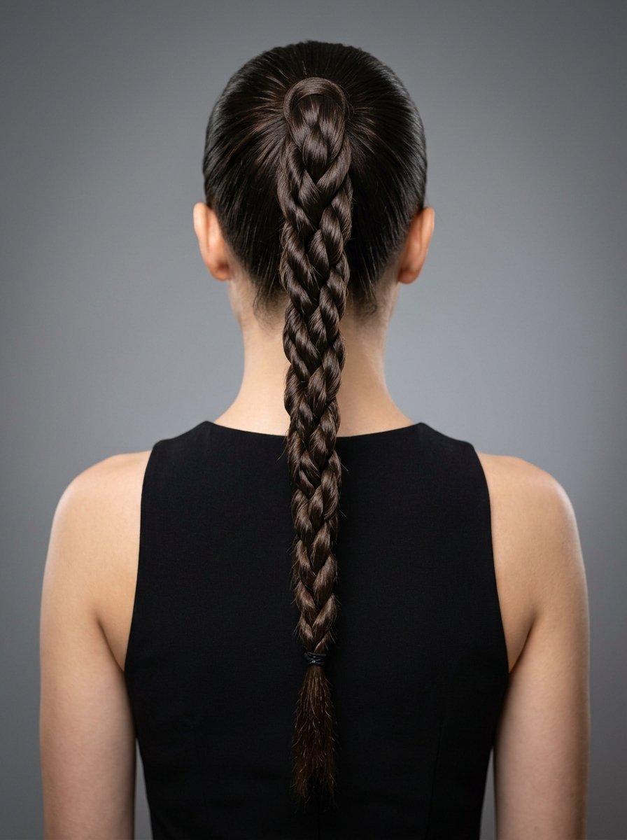 Rear view of a brunette woman with a polished high braid against a neutral grey studio backdrop.