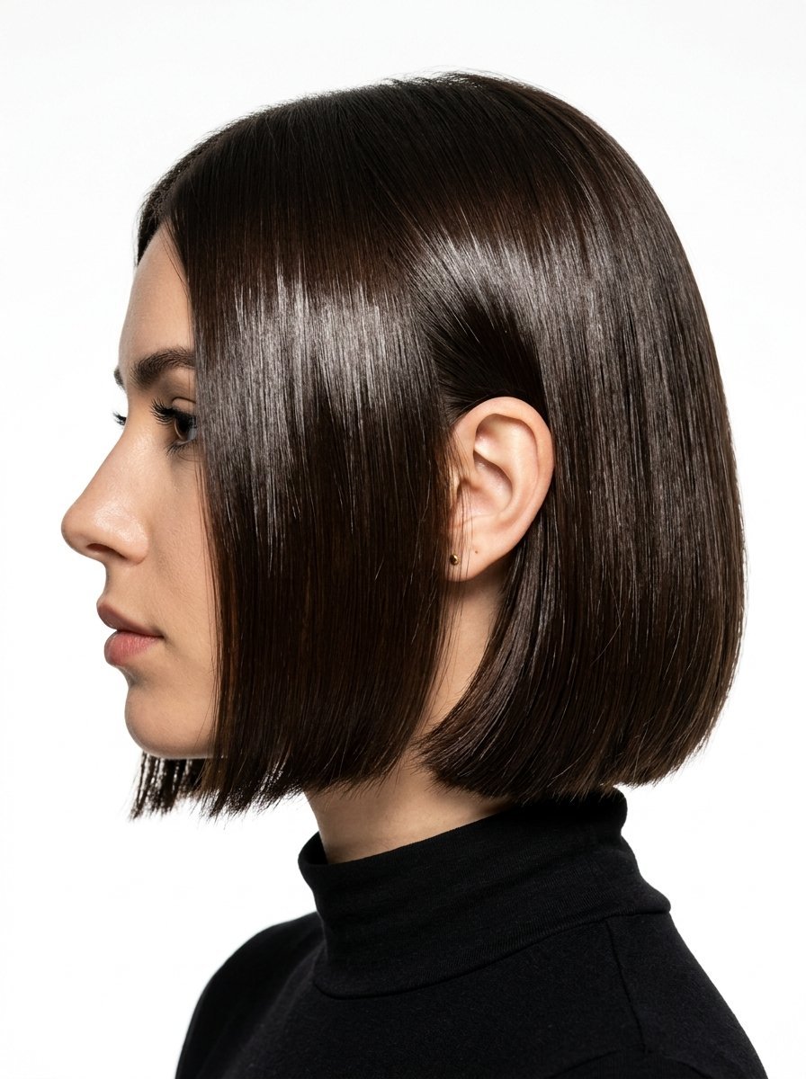Close-up side profile of a woman with straight, glossy dark brown hair cut into a sharp chin-length bob.