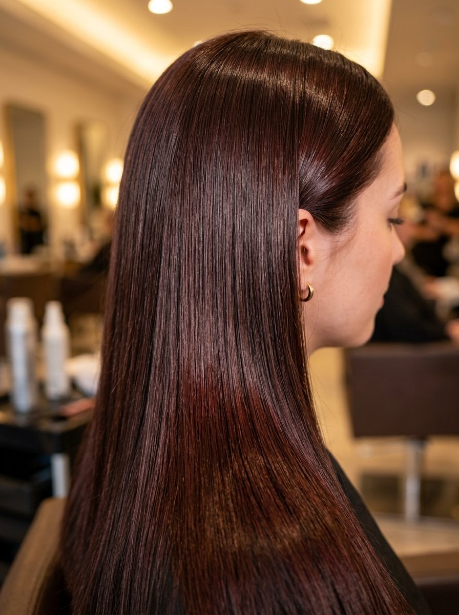 Close-up of a client showing off smooth, shiny dark brown hair at a professional hair salon.