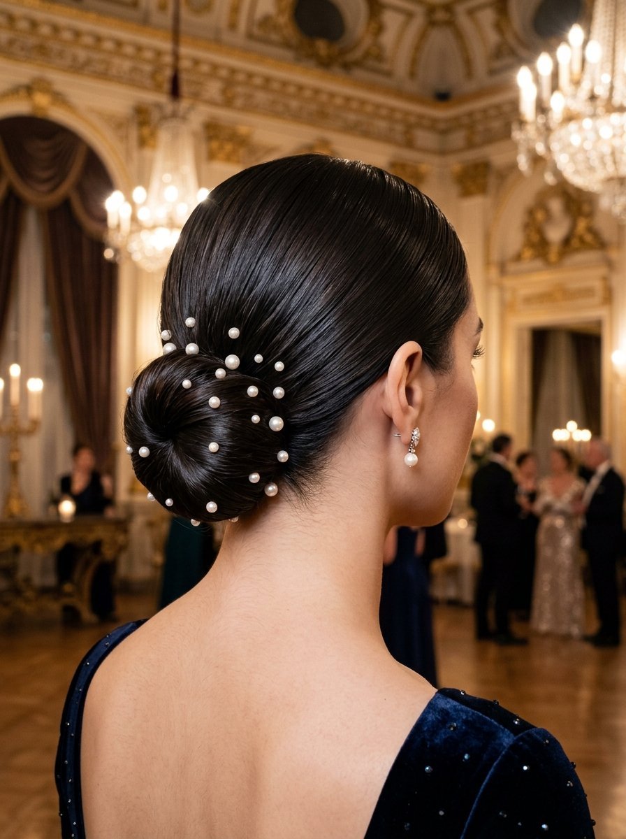 Close-up of a woman with a polished, dark hair bun decorated with small pearl pins in a formal ballroom setting.