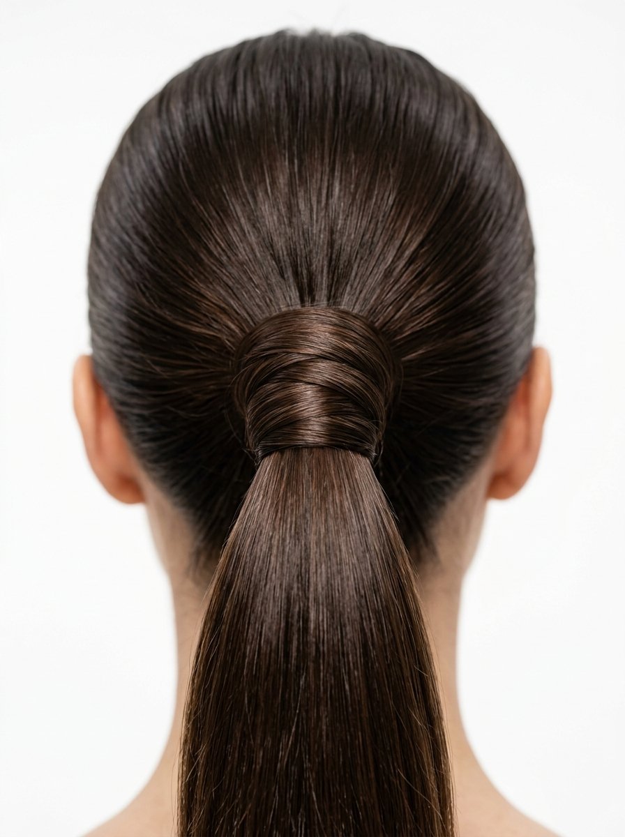 Back view of a person with perfectly smooth, dark brown hair pulled into a secure, wrapped ponytail.