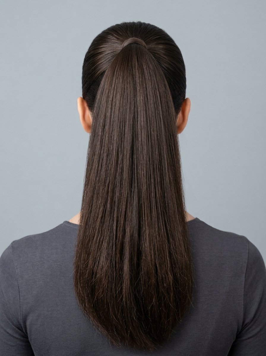 Back view of a person with long, smooth, dark brown hair pulled into a high ponytail.