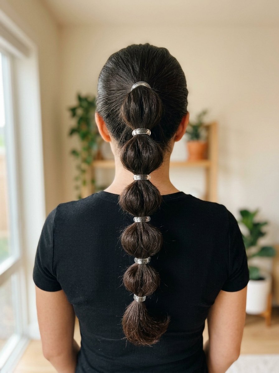 Back view of a person with dark hair styled in a long, segmented bubble ponytail secured with metallic bands.